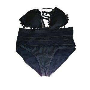 Women's Swimwear Black Bikini Set With Pom Pom Trim & Mesh Detail Size XL